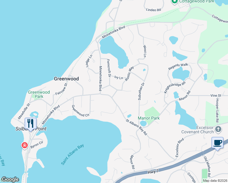 map of restaurants, bars, coffee shops, grocery stores, and more near 5035 Saint Albans Bay Road in Shorewood