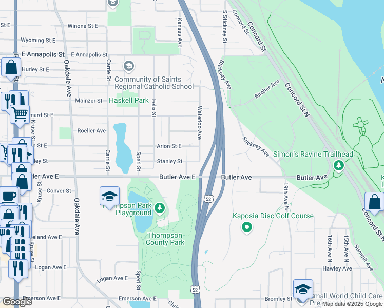 map of restaurants, bars, coffee shops, grocery stores, and more near 1073 Waterloo Avenue in West Saint Paul