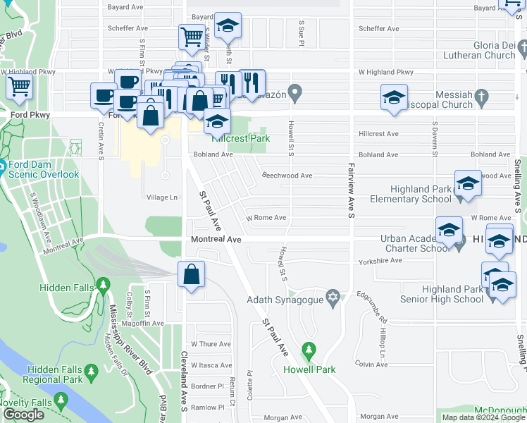 map of restaurants, bars, coffee shops, grocery stores, and more near 1955 Montreal Avenue in Saint Paul