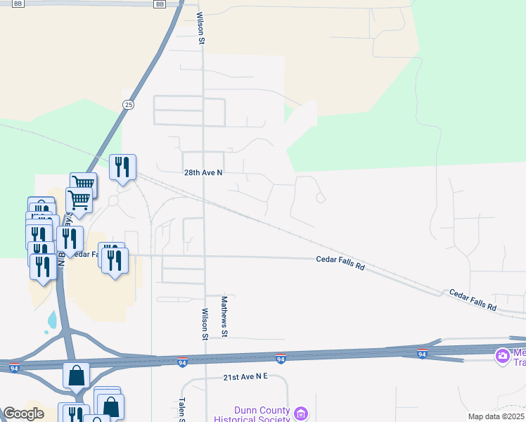 map of restaurants, bars, coffee shops, grocery stores, and more near 817 Cedar Falls Road in Menomonie