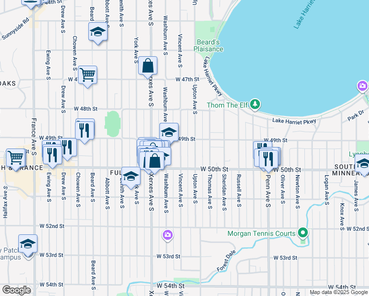 map of restaurants, bars, coffee shops, grocery stores, and more near 4941 Vincent Avenue South in Minneapolis