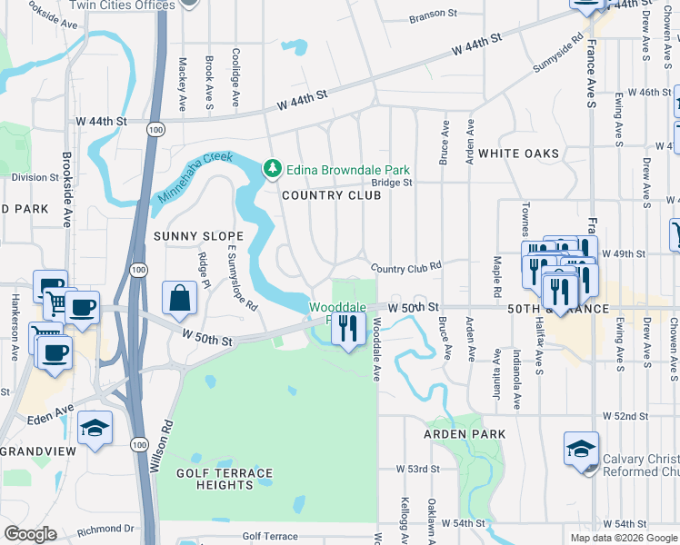 map of restaurants, bars, coffee shops, grocery stores, and more near 4500 West 50th Street in Edina