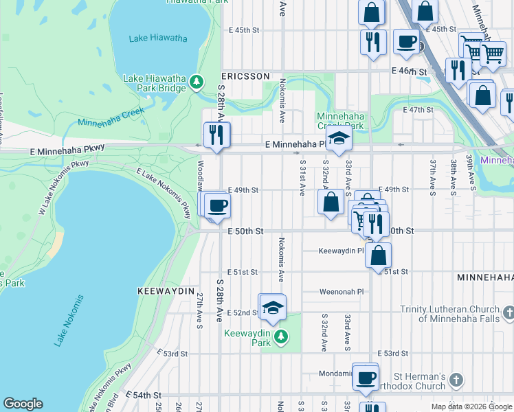 map of restaurants, bars, coffee shops, grocery stores, and more near 4949 30th Avenue South in Minneapolis