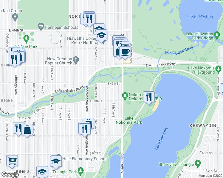 map of restaurants, bars, coffee shops, grocery stores, and more near 4932 18th Avenue South in Minneapolis