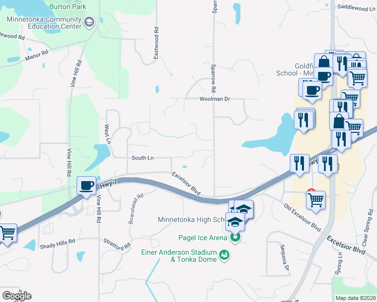 map of restaurants, bars, coffee shops, grocery stores, and more near 18607 South Lane in Minnetonka