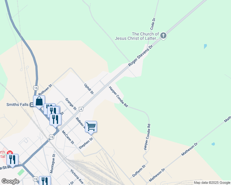 map of restaurants, bars, coffee shops, grocery stores, and more near 267 Harper Condie Road in Smiths Falls