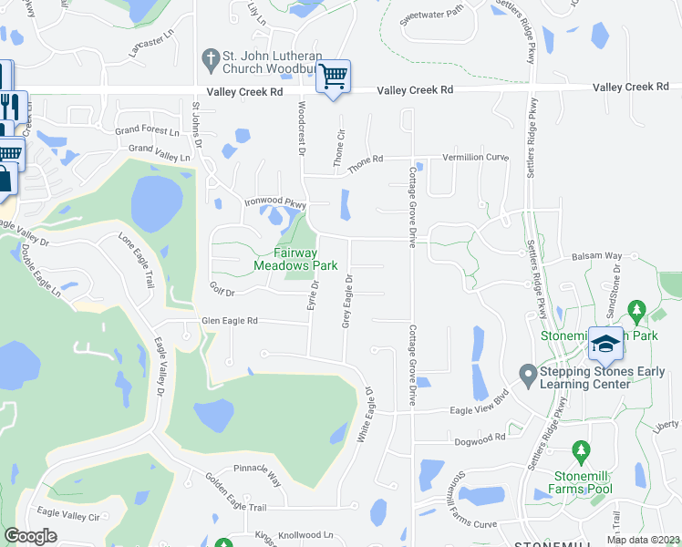 map of restaurants, bars, coffee shops, grocery stores, and more near 2426 Grey Eagle Drive in Woodbury