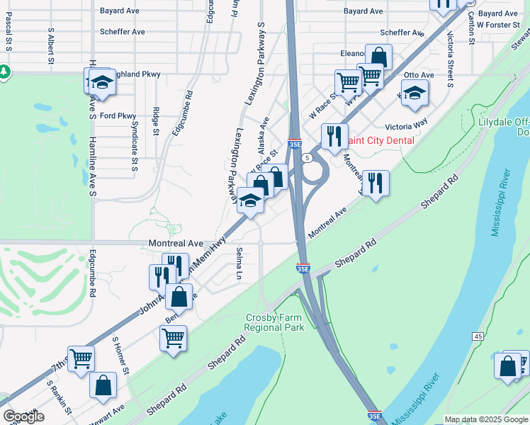 map of restaurants, bars, coffee shops, grocery stores, and more near 1742 7th Street West in Saint Paul