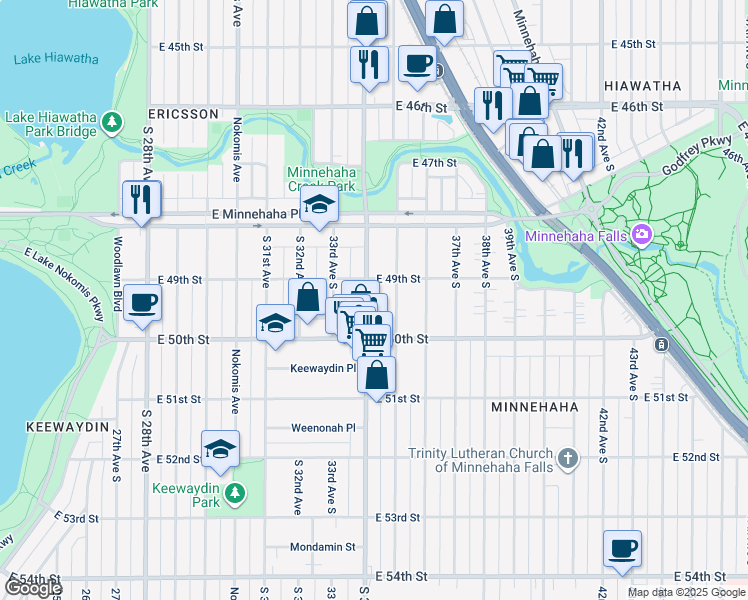 map of restaurants, bars, coffee shops, grocery stores, and more near 4919 South 34th Avenue in Minneapolis