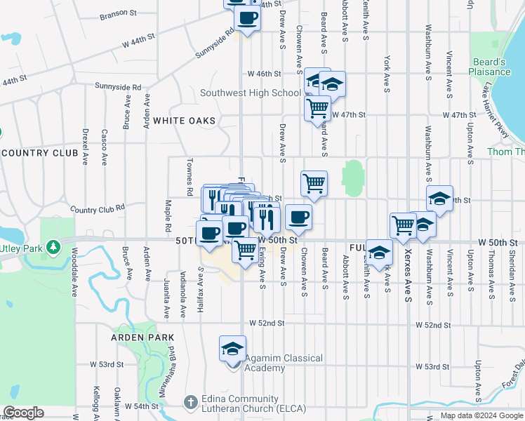 map of restaurants, bars, coffee shops, grocery stores, and more near in Edina