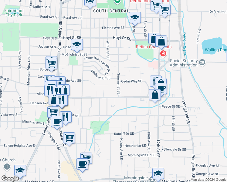 map of restaurants, bars, coffee shops, grocery stores, and more near 2773 Summer Street Southeast in Salem