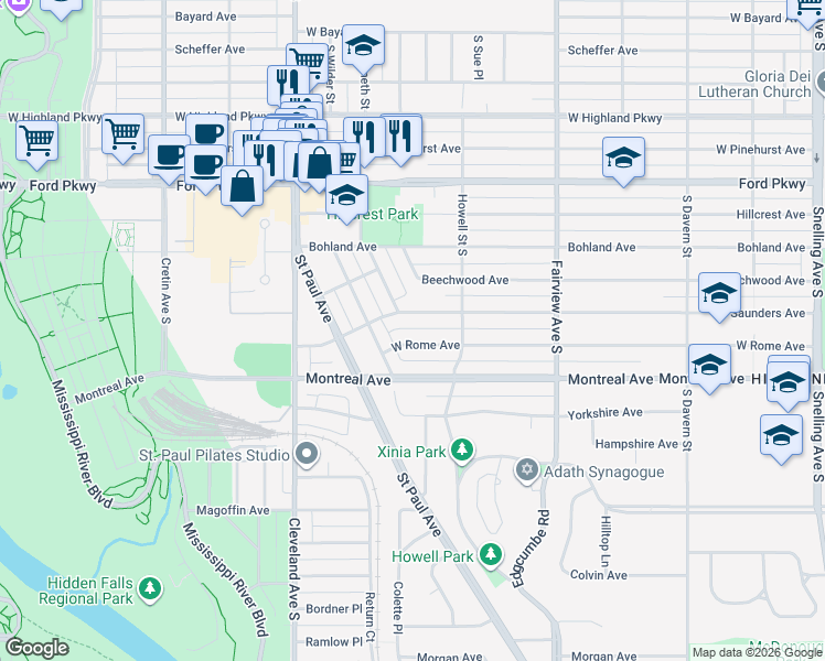 map of restaurants, bars, coffee shops, grocery stores, and more near 1955 Montreal Avenue in Saint Paul