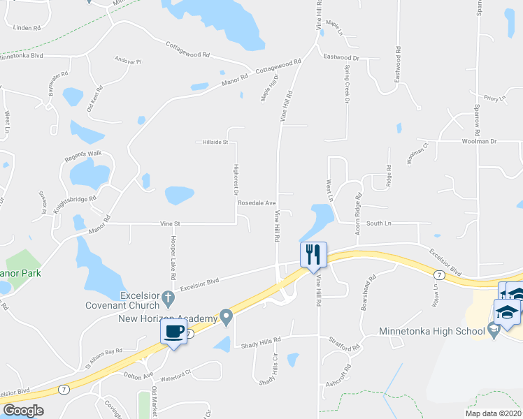map of restaurants, bars, coffee shops, grocery stores, and more near 19475 Rosedale Avenue in Excelsior