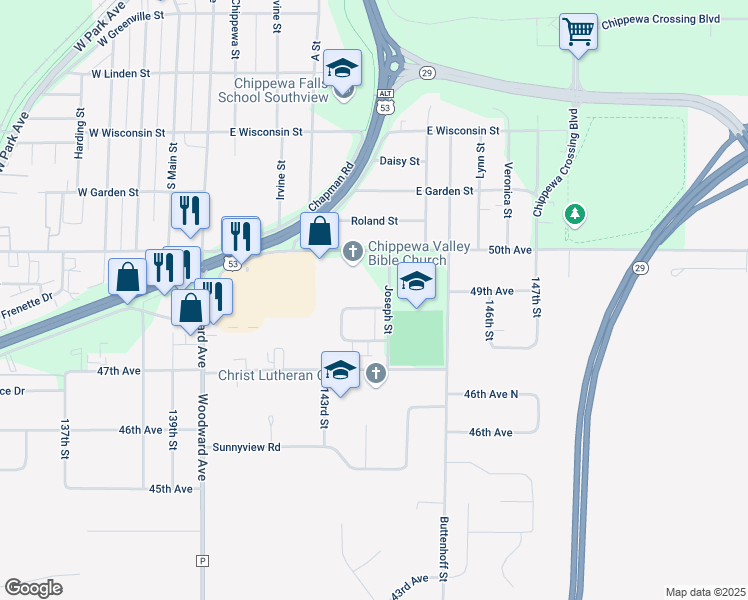 map of restaurants, bars, coffee shops, grocery stores, and more near 510 Maitland Drive in Chippewa Falls