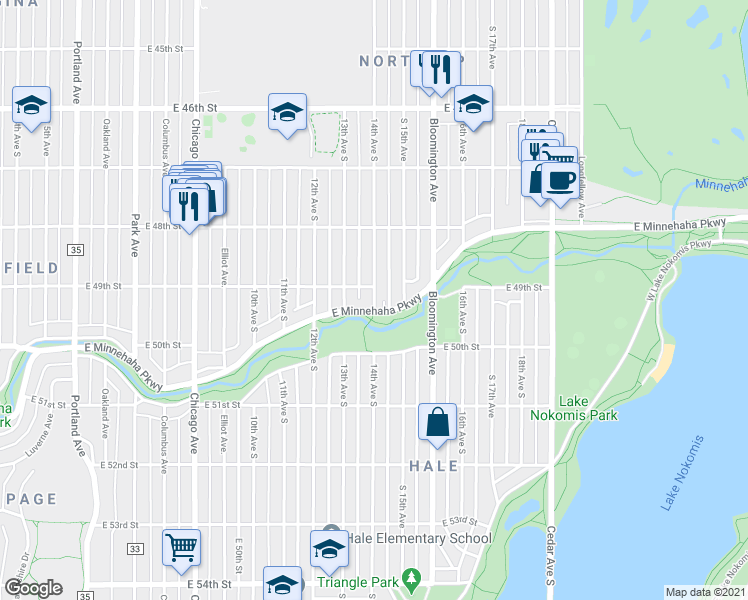map of restaurants, bars, coffee shops, grocery stores, and more near 14th Avenue South in Hennepin County