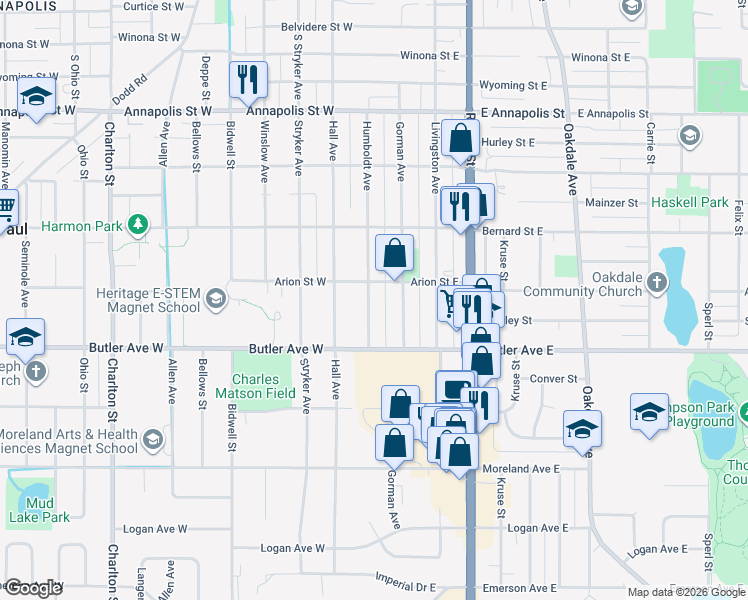map of restaurants, bars, coffee shops, grocery stores, and more near 1049 Humboldt Avenue in Saint Paul