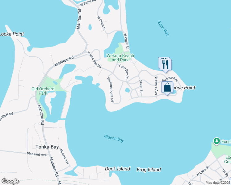 map of restaurants, bars, coffee shops, grocery stores, and more near 35 Gideons Point Road in Excelsior