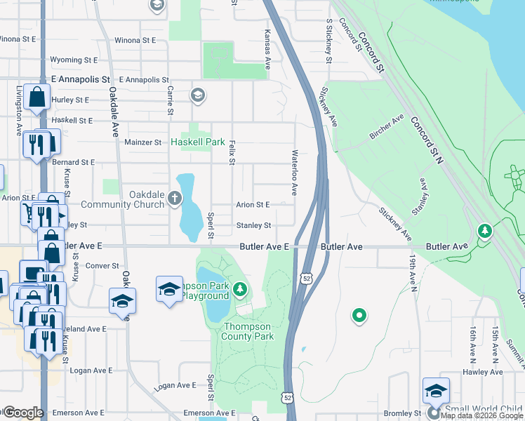 map of restaurants, bars, coffee shops, grocery stores, and more near 435 Arion Street East in West Saint Paul