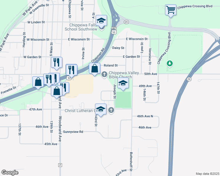 map of restaurants, bars, coffee shops, grocery stores, and more near 510 Maitland Drive in Chippewa Falls