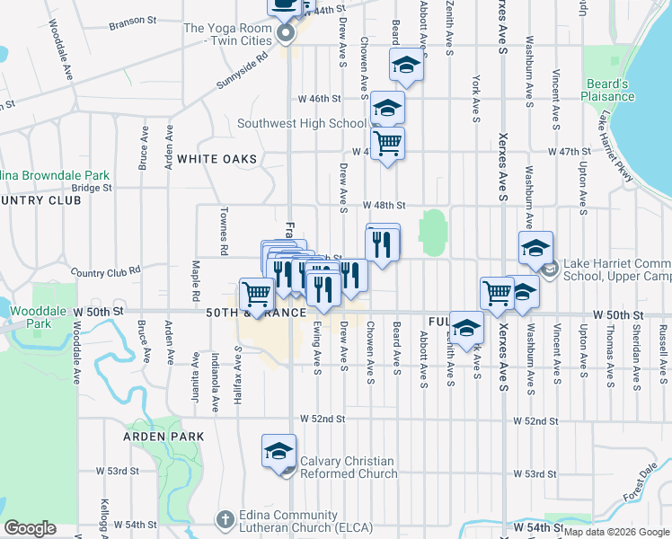 map of restaurants, bars, coffee shops, grocery stores, and more near 4852 Drew Avenue South in Minneapolis