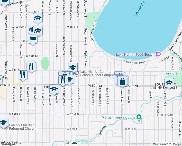 map of restaurants, bars, coffee shops, grocery stores, and more near 2622 West 49th Street in Minneapolis