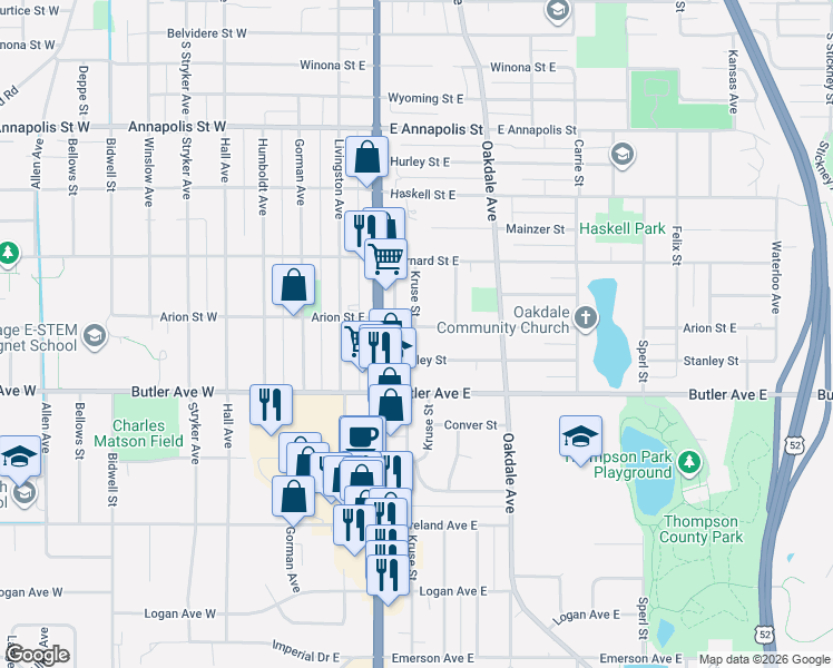 map of restaurants, bars, coffee shops, grocery stores, and more near 131 Arion Street East in Saint Paul