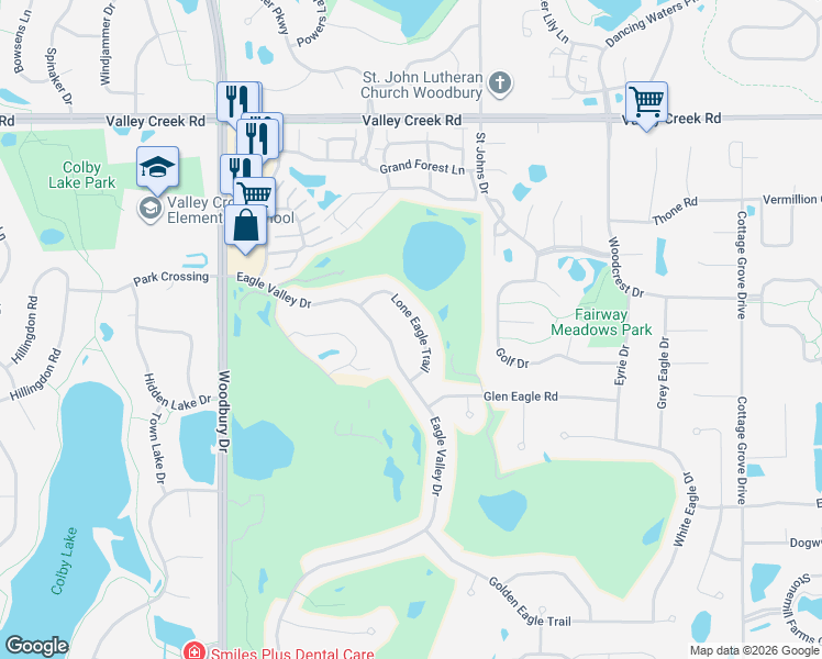map of restaurants, bars, coffee shops, grocery stores, and more near 2452 Lone Eagle Trail in Woodbury