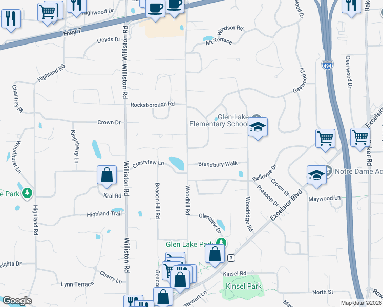 map of restaurants, bars, coffee shops, grocery stores, and more near 4933 Westgate Road in Minnetonka