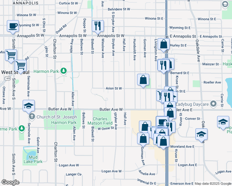 map of restaurants, bars, coffee shops, grocery stores, and more near 1055 Hall Avenue in Saint Paul