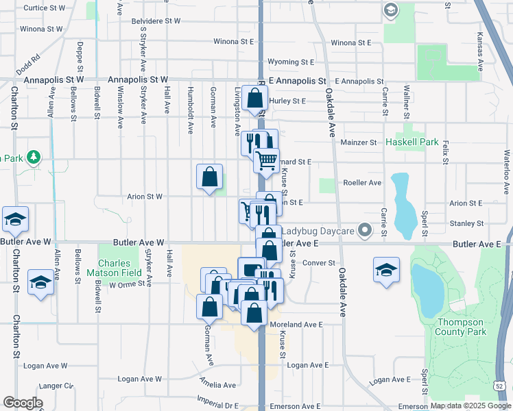 map of restaurants, bars, coffee shops, grocery stores, and more near 1051 Arion Street East in West Saint Paul