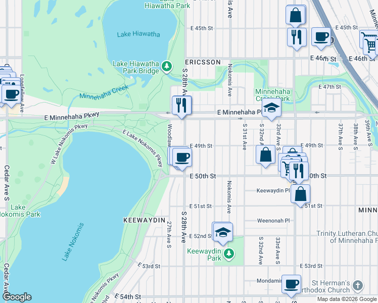 map of restaurants, bars, coffee shops, grocery stores, and more near 4850 South 28th Avenue in Minneapolis