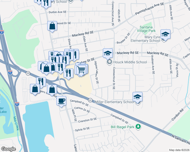 map of restaurants, bars, coffee shops, grocery stores, and more near 4356 Siskyou Avenue Southeast in Salem