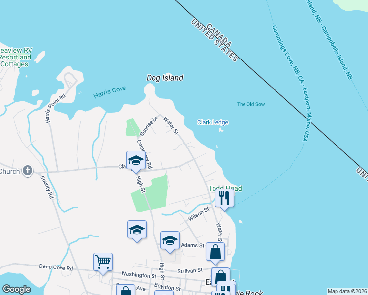 map of restaurants, bars, coffee shops, grocery stores, and more near 194 Water Street in Eastport
