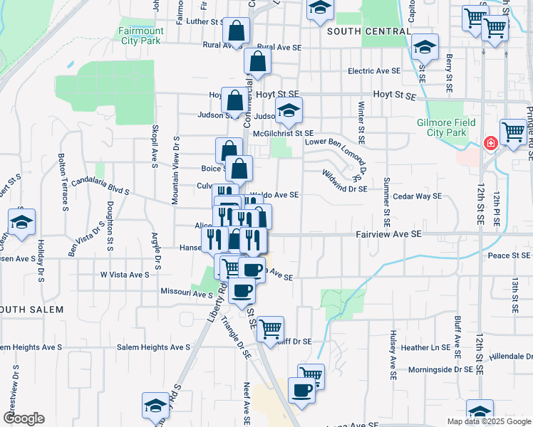 map of restaurants, bars, coffee shops, grocery stores, and more near 380-388 Waldo Avenue Southeast in Salem