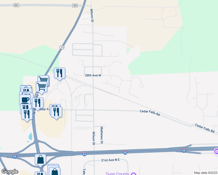 map of restaurants, bars, coffee shops, grocery stores, and more near 2533 Wilson Street in Menomonie