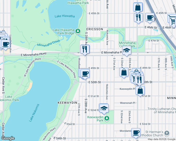 map of restaurants, bars, coffee shops, grocery stores, and more near 4850 South 28th Avenue in Minneapolis