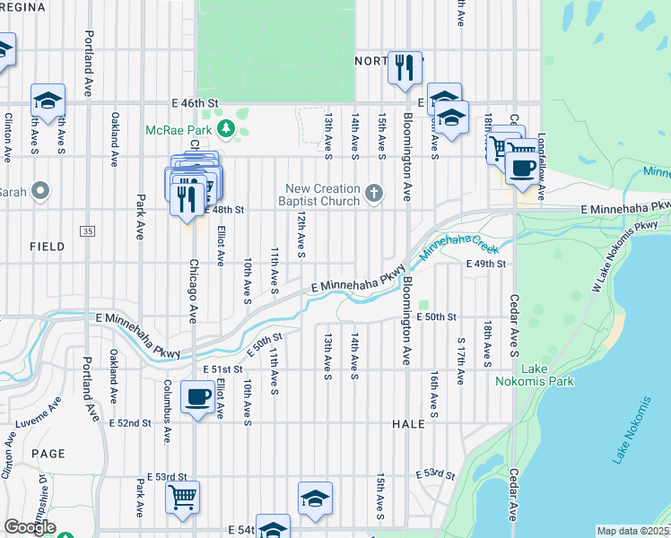 map of restaurants, bars, coffee shops, grocery stores, and more near 4848 13th Avenue South in Minneapolis