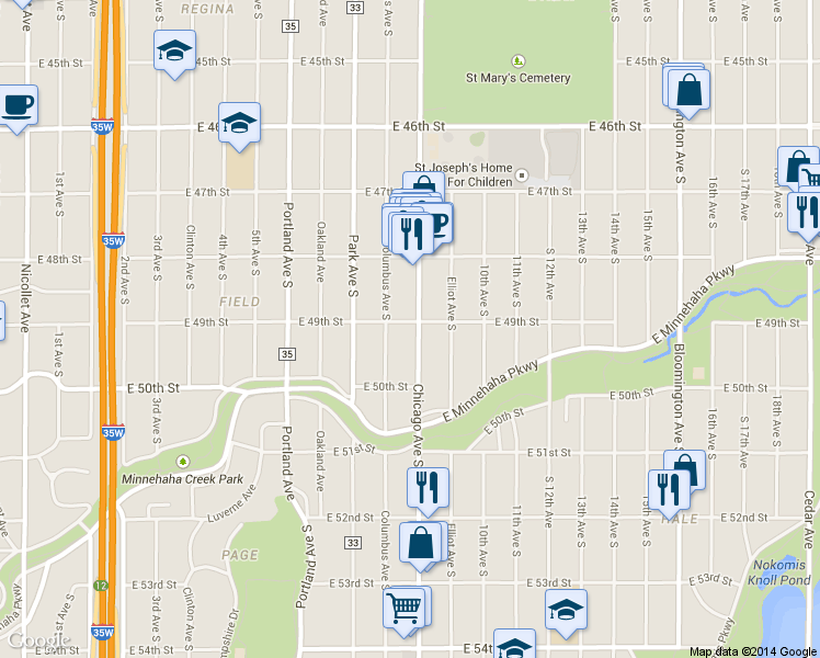 map of restaurants, bars, coffee shops, grocery stores, and more near in Minneapolis