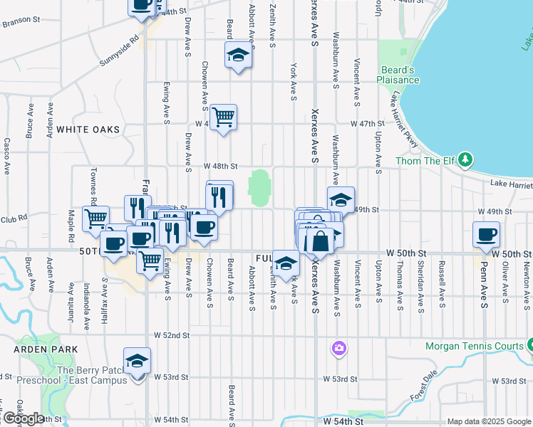 map of restaurants, bars, coffee shops, grocery stores, and more near 4901 Abbott Avenue South in Minneapolis