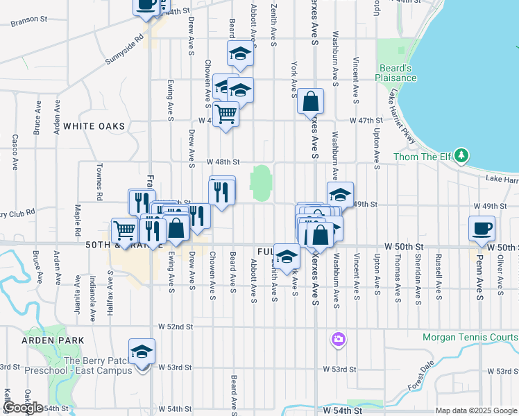 map of restaurants, bars, coffee shops, grocery stores, and more near 4901 Abbott Avenue South in Minneapolis