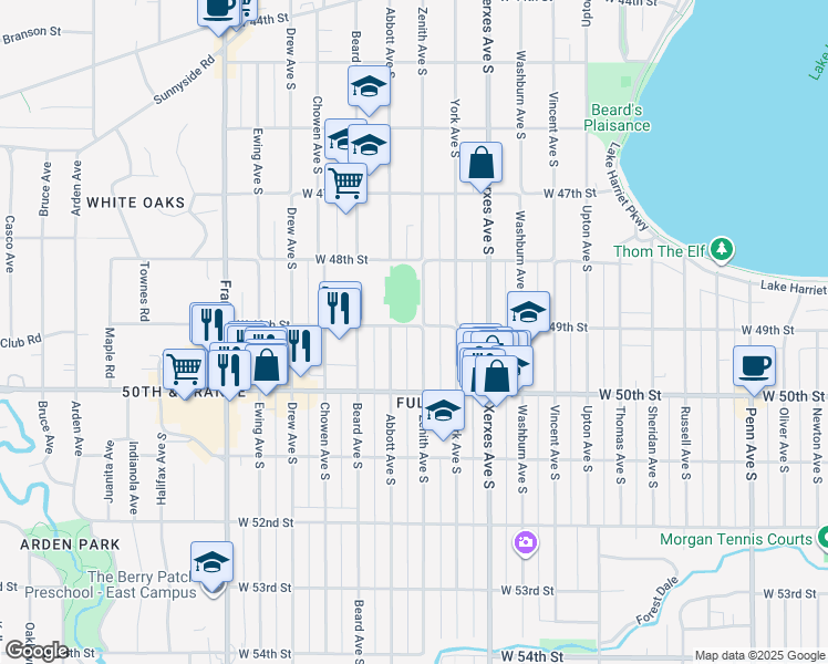 map of restaurants, bars, coffee shops, grocery stores, and more near 4901 Abbott Avenue South in Minneapolis