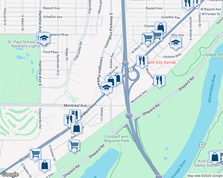 map of restaurants, bars, coffee shops, grocery stores, and more near 1742 7th Street West in Saint Paul