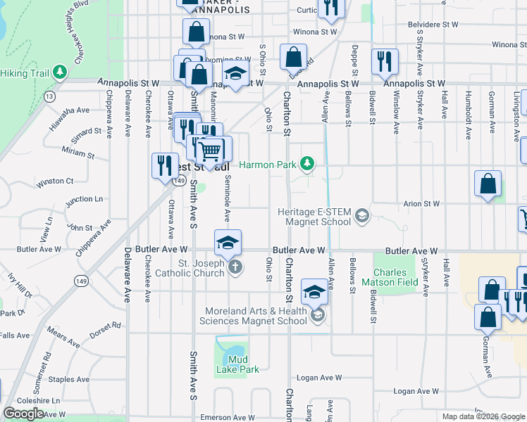 map of restaurants, bars, coffee shops, grocery stores, and more near 1051 Ohio Street in Saint Paul
