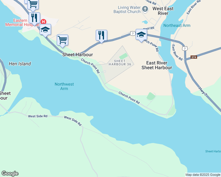 map of restaurants, bars, coffee shops, grocery stores, and more near 115 Church Point Road in Sheet Harbour