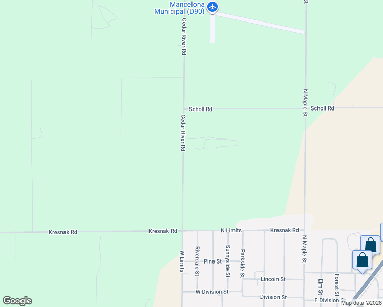 map of restaurants, bars, coffee shops, grocery stores, and more near 8143 Cedar River Road in Mancelona