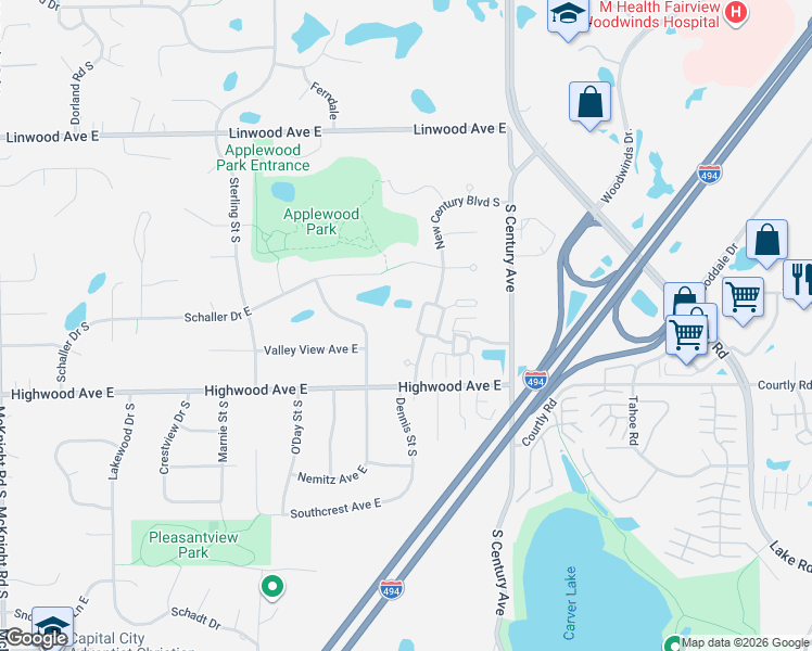 map of restaurants, bars, coffee shops, grocery stores, and more near 893 New Century Boulevard in Maplewood