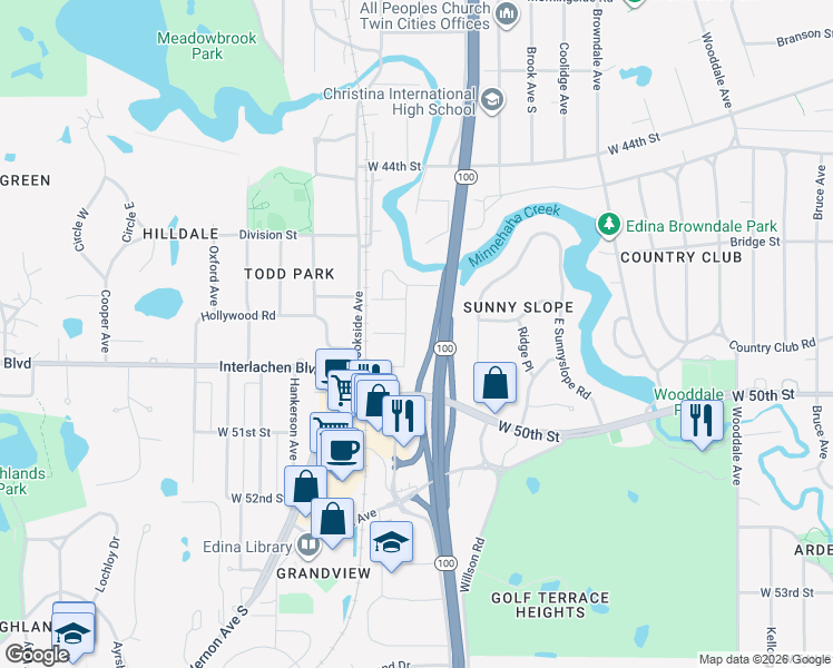 map of restaurants, bars, coffee shops, grocery stores, and more near 4813 Westbrook Lane in Minneapolis