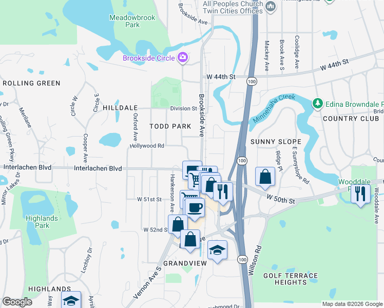 map of restaurants, bars, coffee shops, grocery stores, and more near 4810 Brookside Avenue in Minneapolis