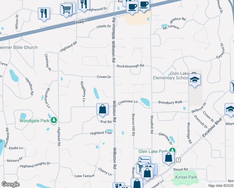 map of restaurants, bars, coffee shops, grocery stores, and more near 4908 Williston Road in Minnetonka