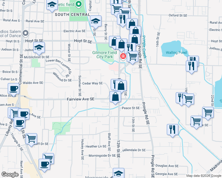 map of restaurants, bars, coffee shops, grocery stores, and more near 2742 Bluff Avenue Southeast in Salem